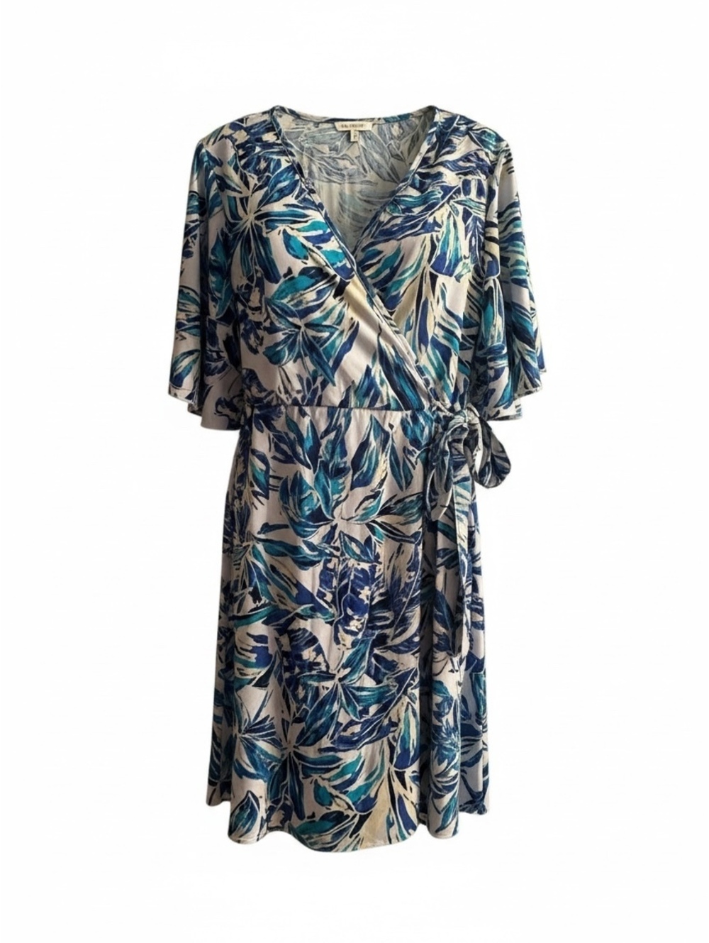Blue and White Floral Wrap Dress with Tie Waist Medium